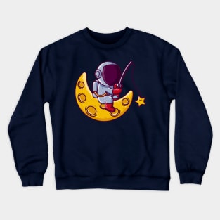 Cute Astronaut Fishing on Moon Cartoon Crewneck Sweatshirt